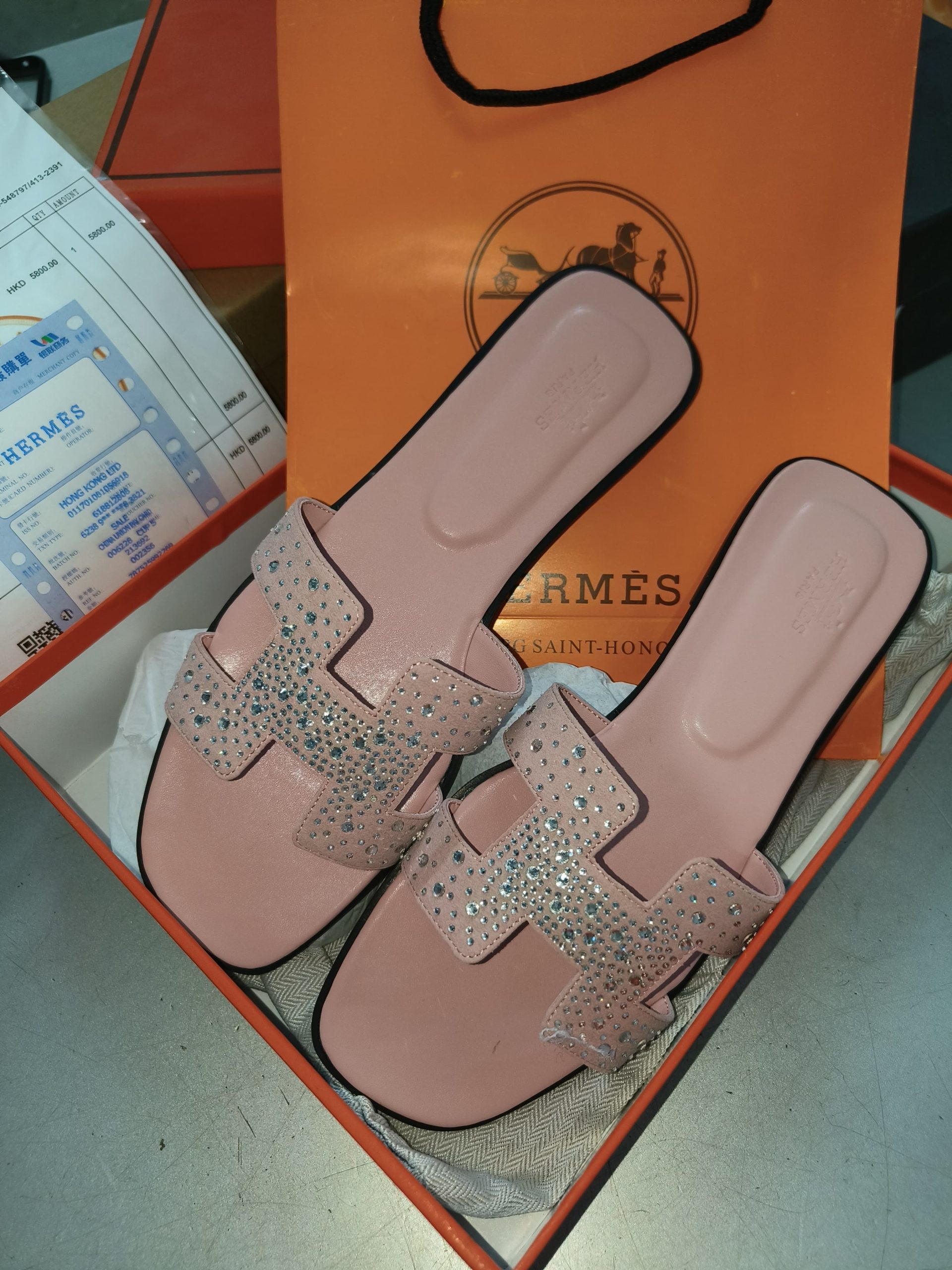 FIRST COPY Hermes pink drill diamonds flats