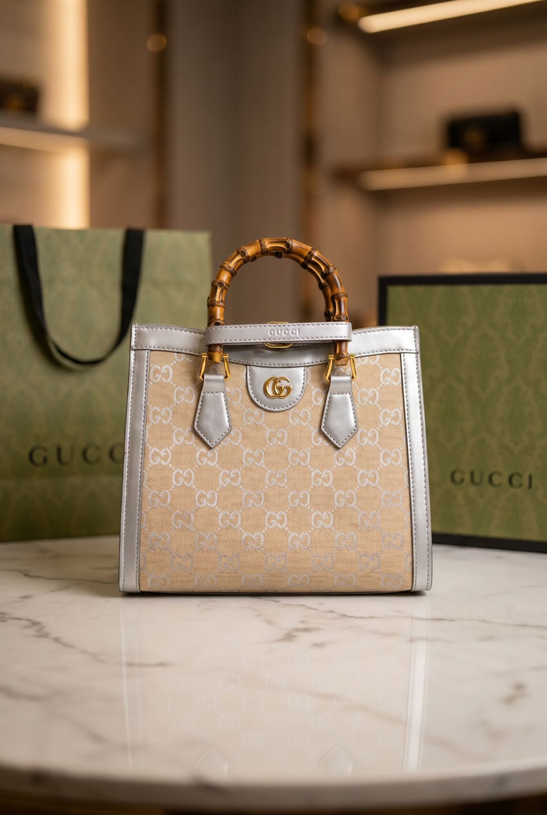 Gucci Diana Large Tote Bag GG Canvas Silver Trim Leather First Copy | 12@ AAA+ Replica - Image 3