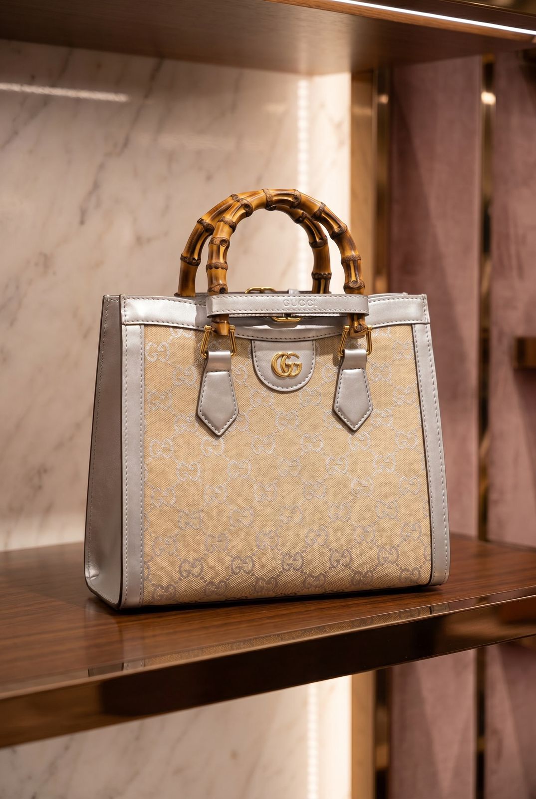 Gucci Diana Large Tote Bag GG Canvas Silver Trim Leather First Copy | 12@ AAA+ Replica - Image 4