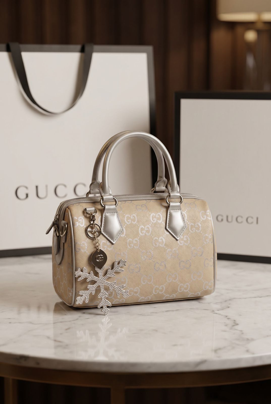 Gucci GG Emblem Top Handle Bag Metallic Silver Leather First Copy | 12@ AAA+ Replica - Image 3