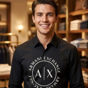 First Copy Armani Exchange Round Logo Shirt Black Front