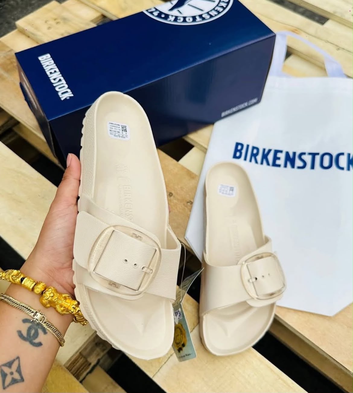 First Copy Birkenstock Madrid Big Buckle Waterproof EVA Slides in Rose Bronze Gold