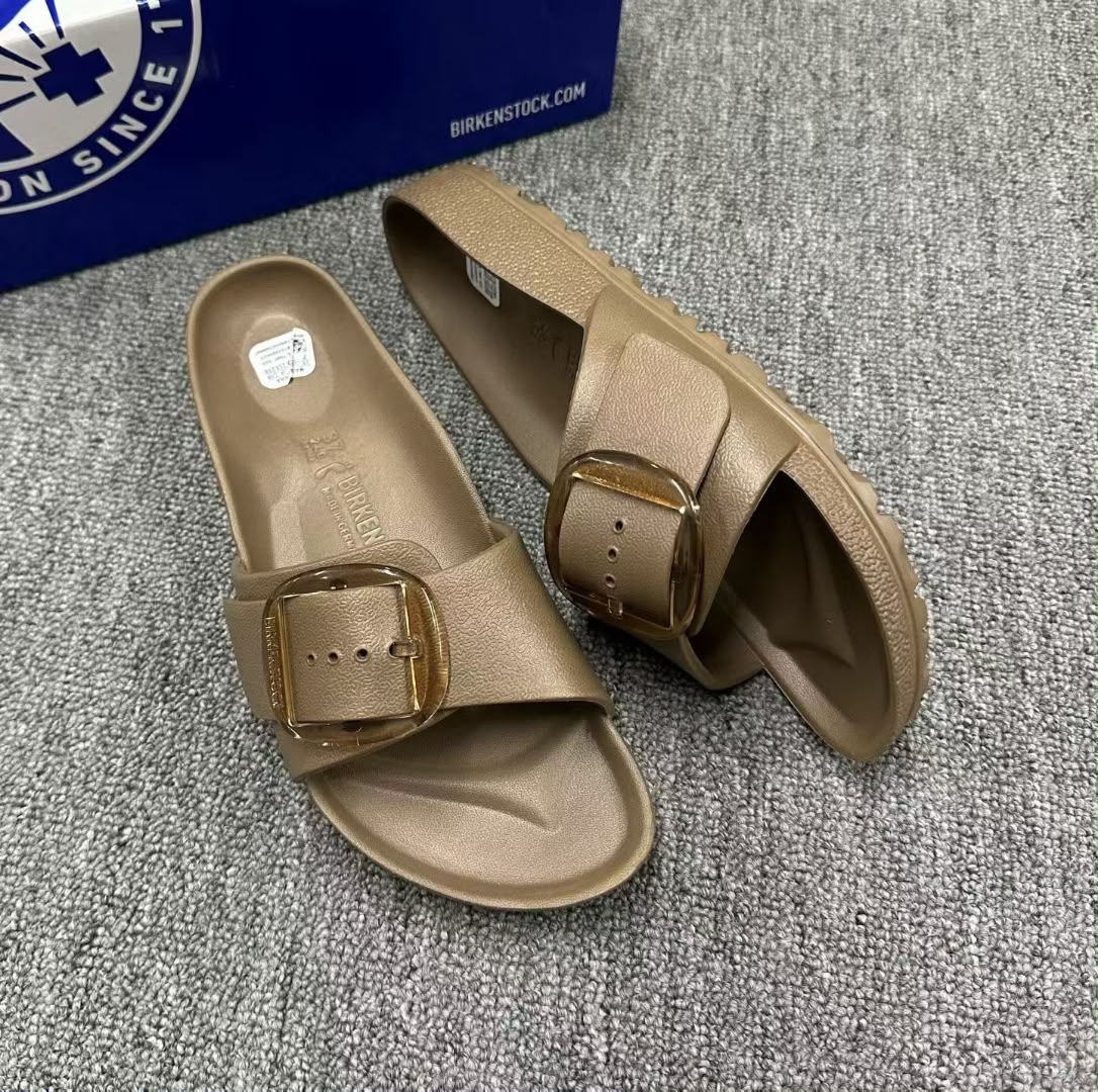 First Copy Birkenstock Madrid Big Buckle Waterproof EVA Slides in Rose Bronze Gold