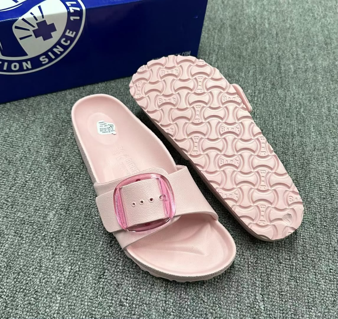 First Copy Birkenstock Madrid Big Buckle Waterproof EVA Slides in Rose Bronze Gold