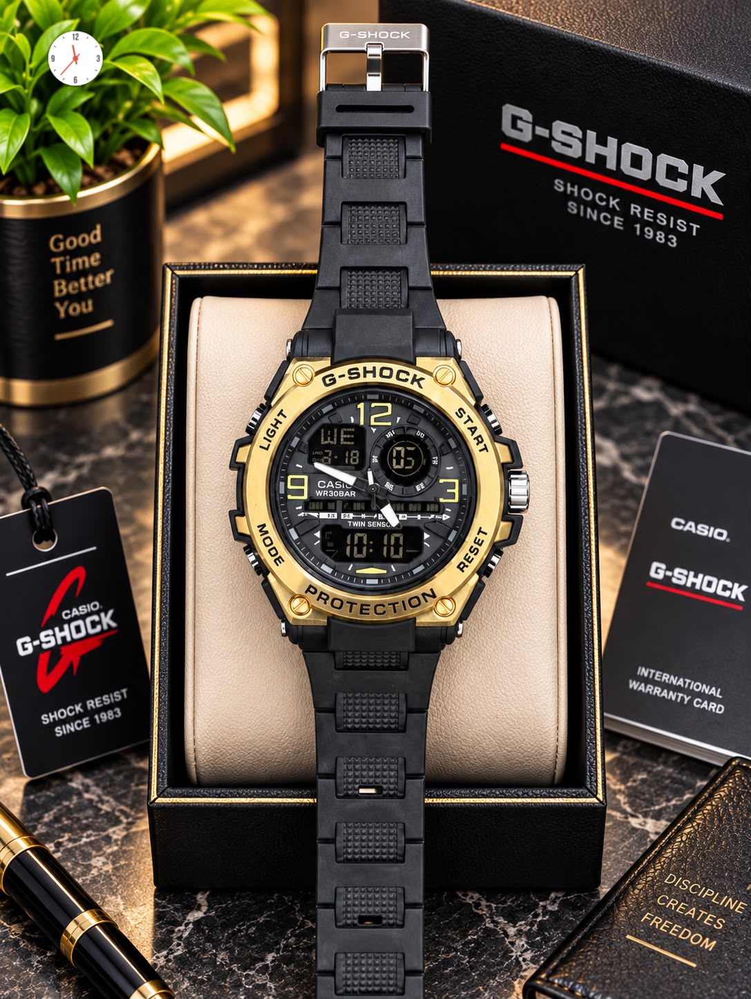 First Copy Casio G-Shock Twin Sensor Metal Body Gold Bezel Watch