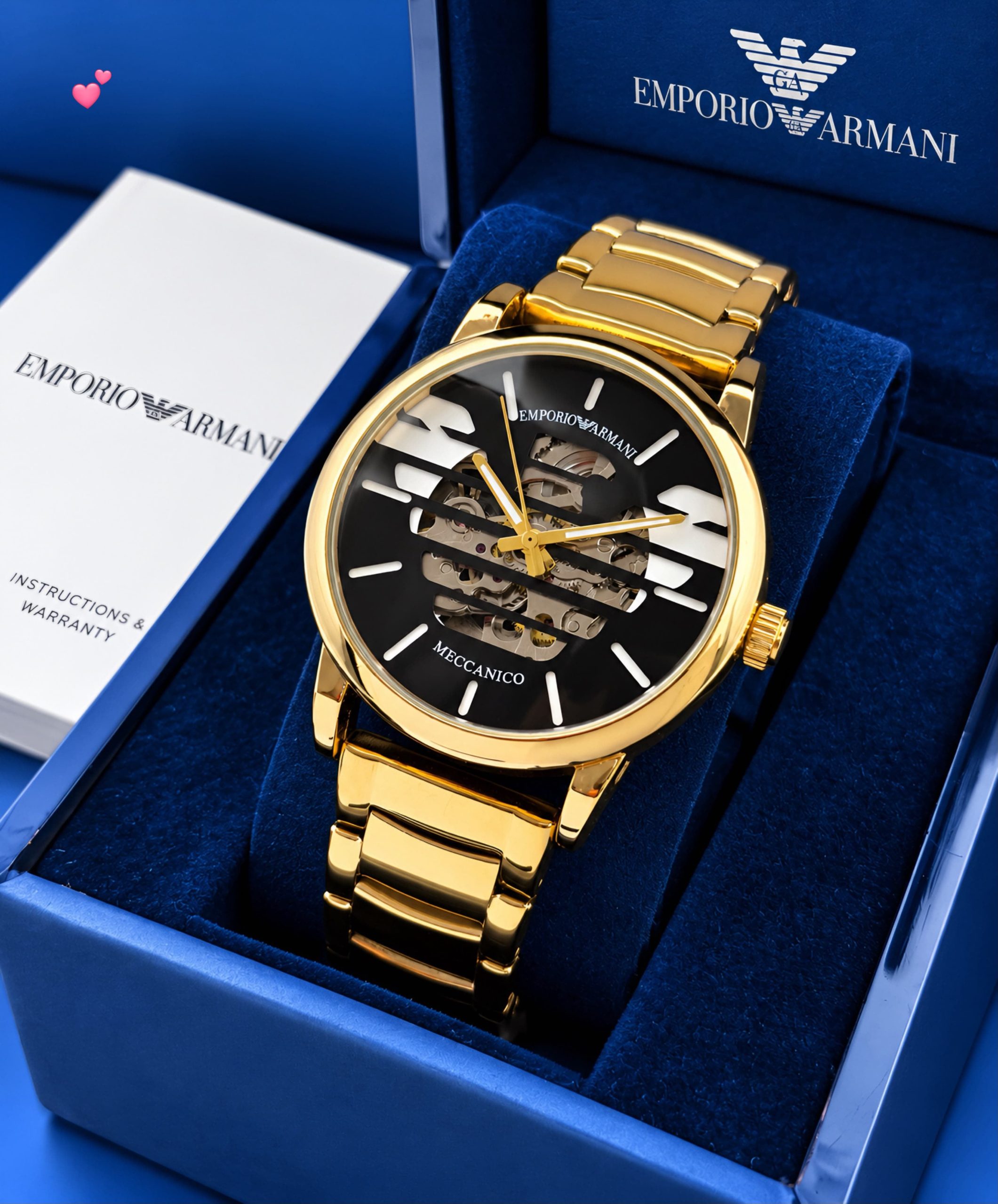 First Copy Emporio Armani Skeleton Automatic Watch in Black Leather