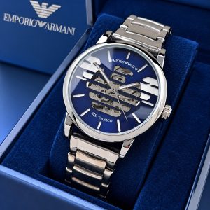 First Copy Emporio Armani Skeleton Automatic Watch in Black Leather