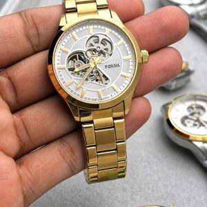 First Copy Fossil Townsman Skeleton Automatic Gold Watch Silver Dial Front