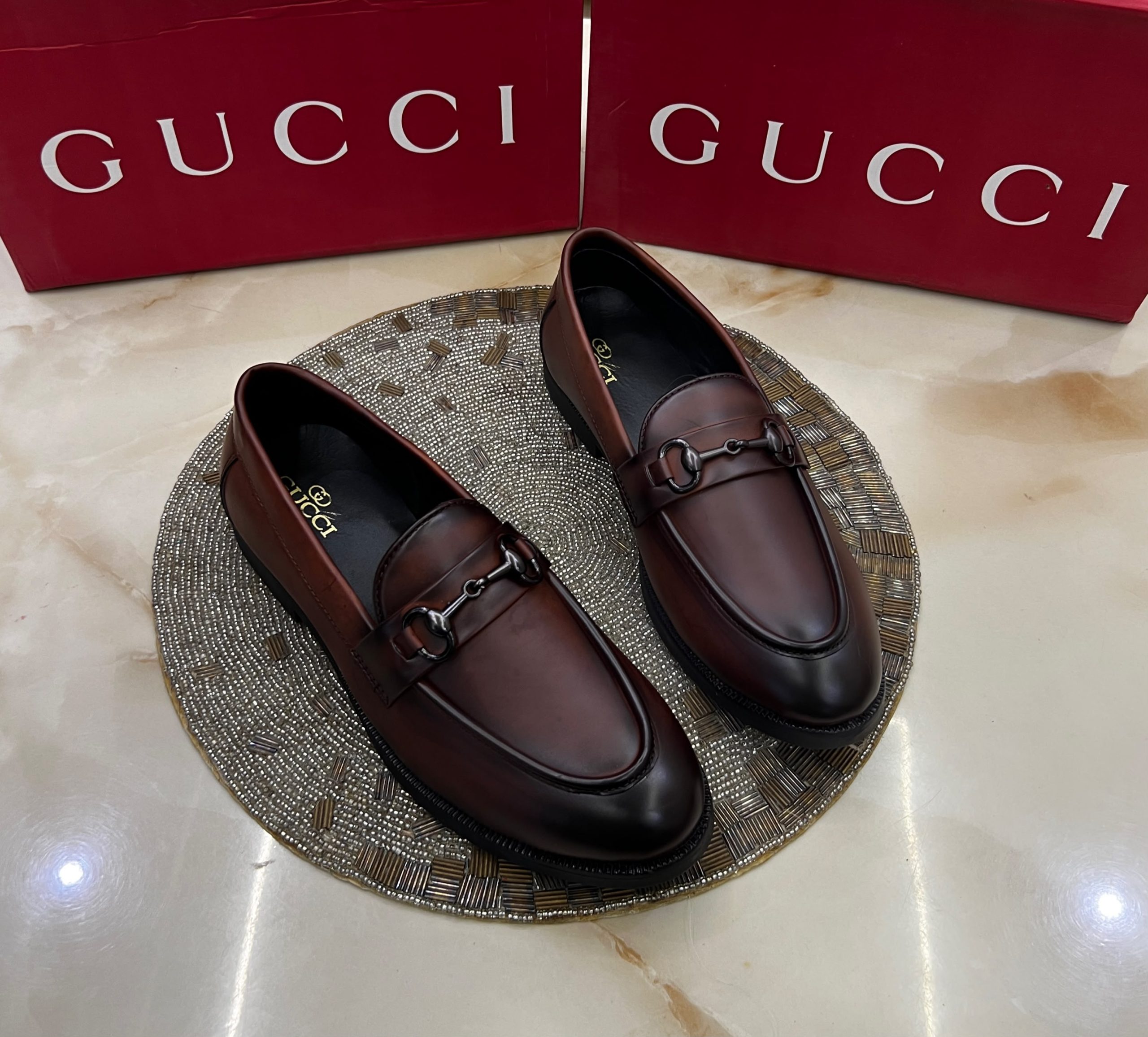 First Copy Gucci Horsebit Burnished Brown Leather Formal Loafers