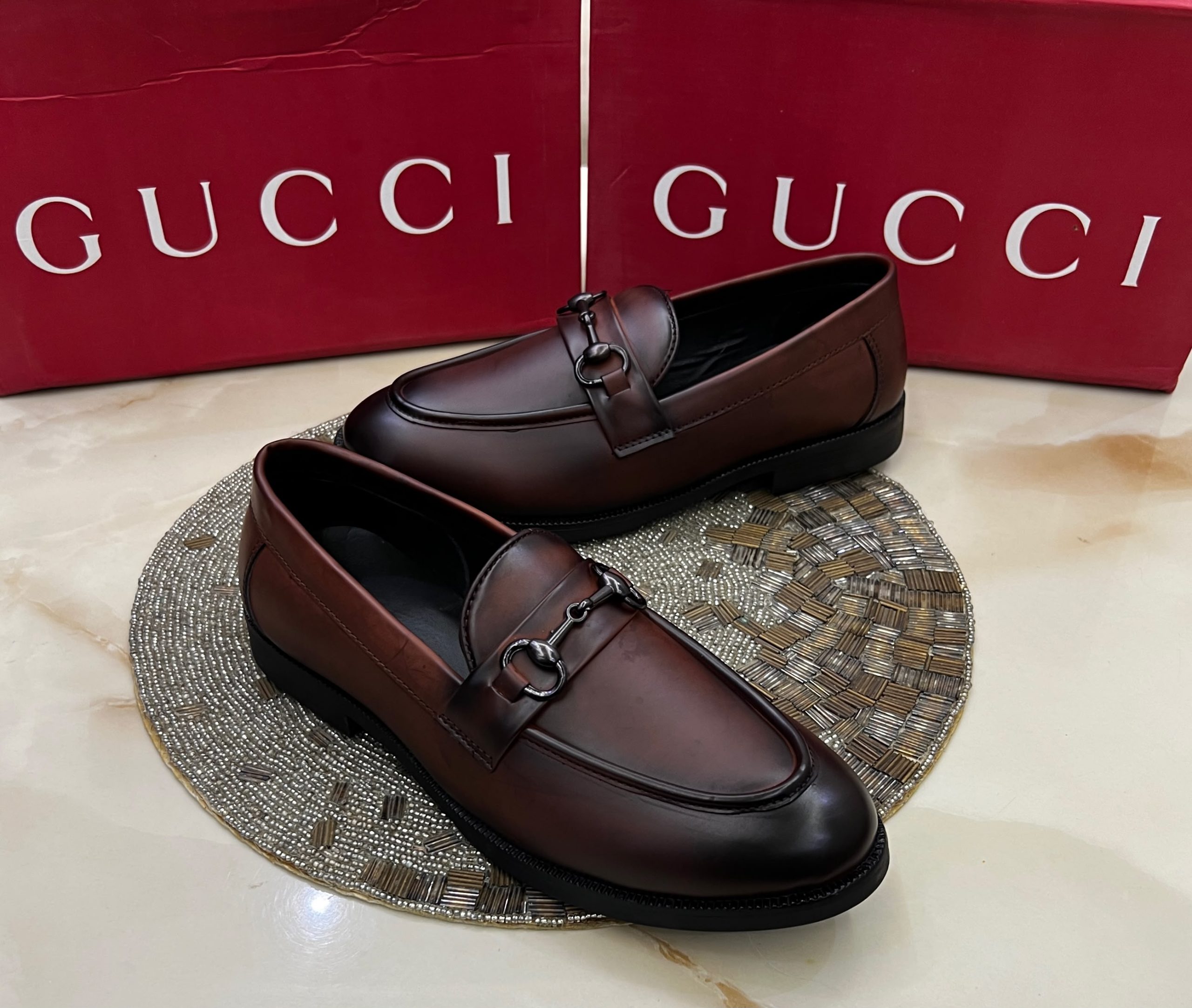 First Copy Gucci Horsebit Burnished Brown Leather Formal Loafers