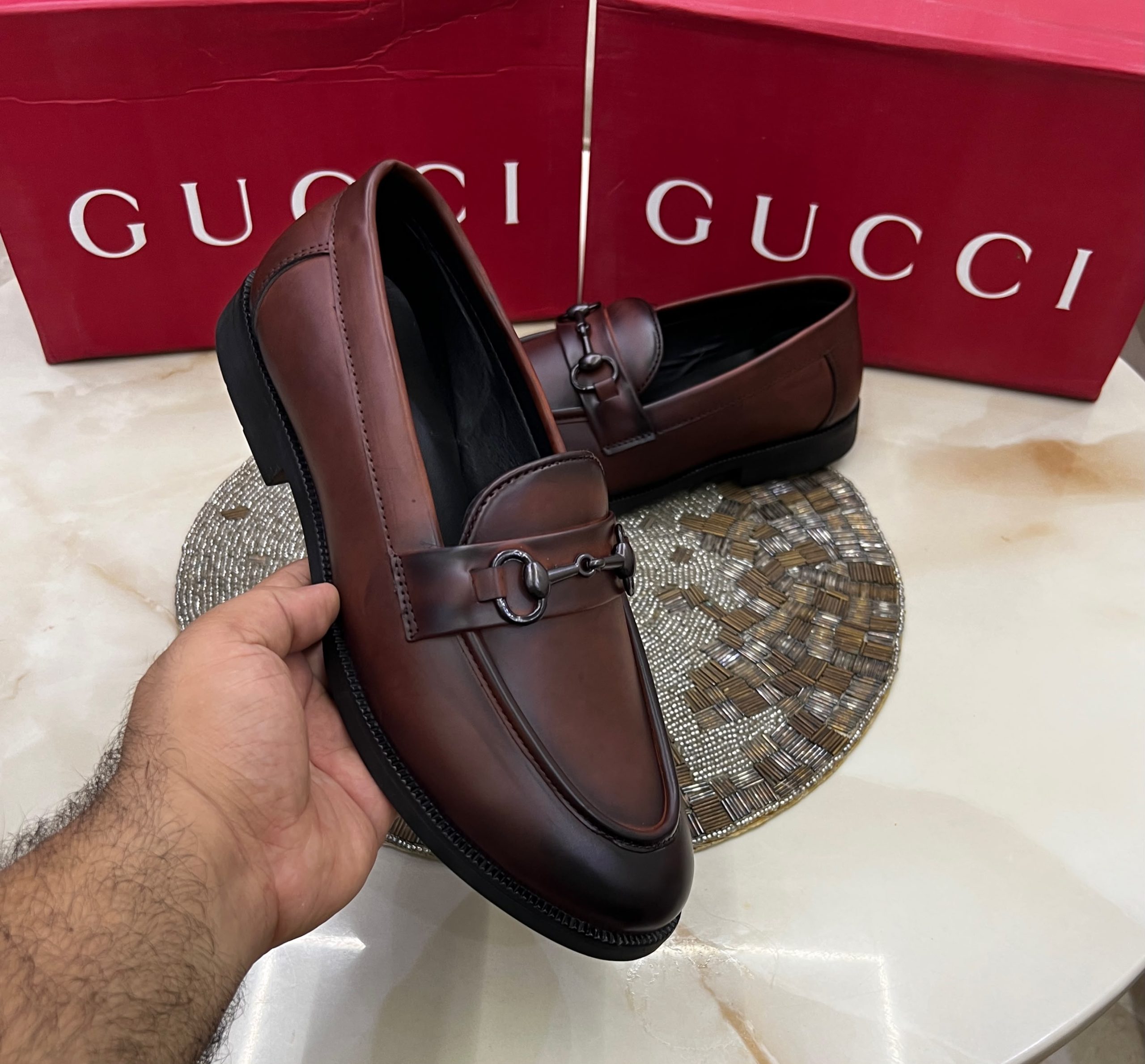 First Copy Gucci Horsebit Burnished Brown Leather Formal Loafers