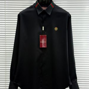 First Copy Gucci Web Stripe Collar Cotton Lycra Full Sleeves Shirt in Black
