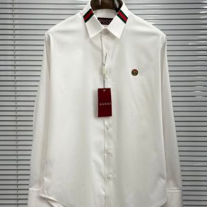 First Copy Gucci Web Stripe Collar Cotton Lycra Full Sleeves Shirt in White