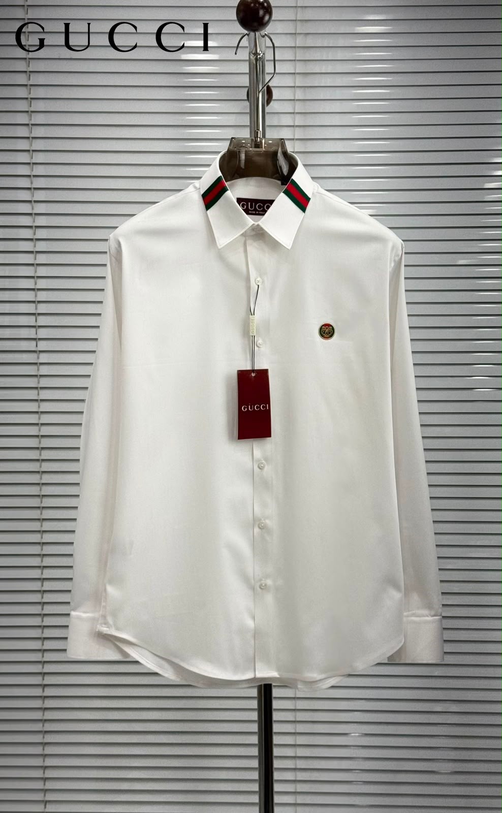 First Copy Gucci Web Stripe Collar Cotton Lycra Full Sleeves Shirt in White