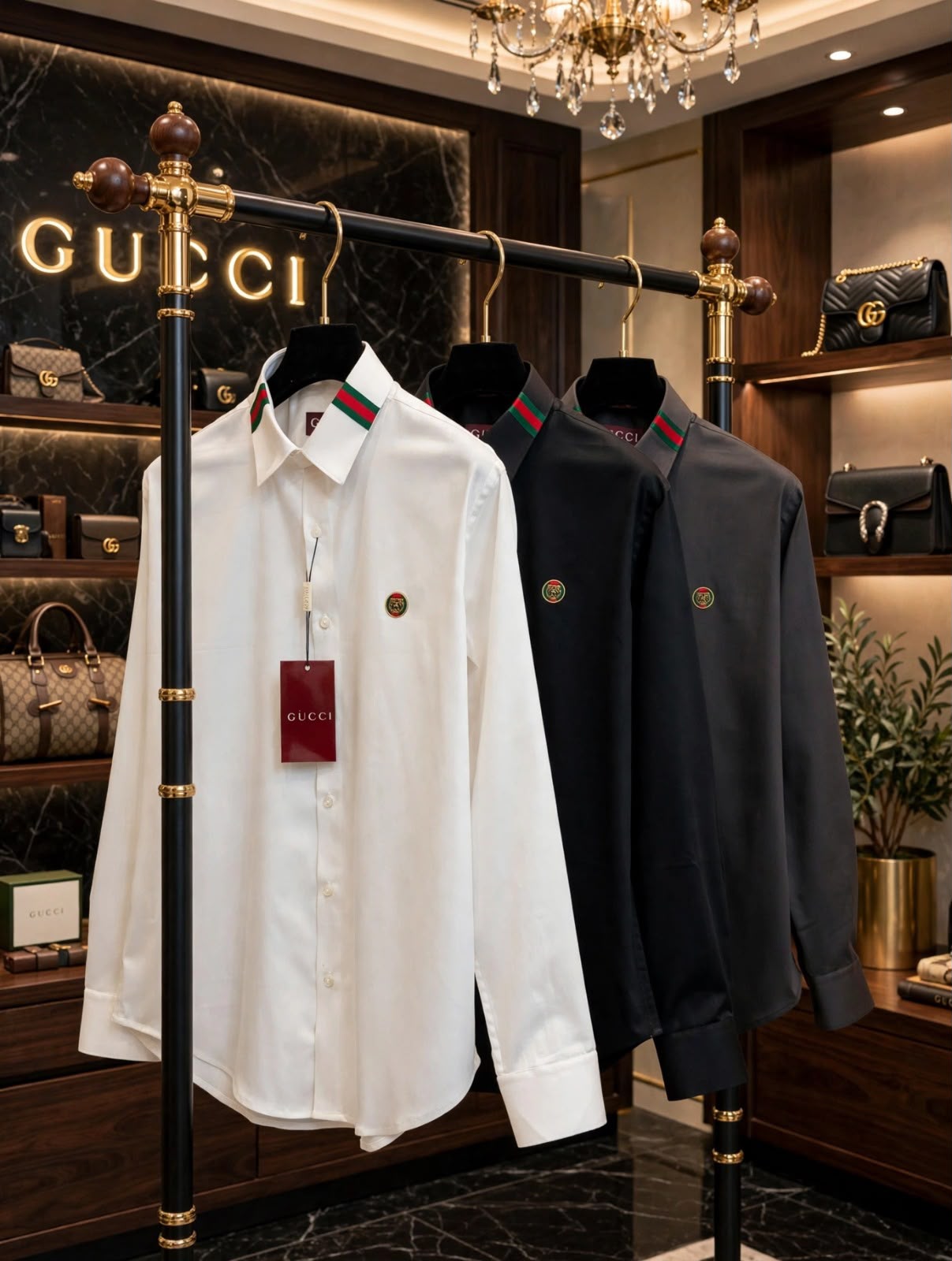 First Copy Gucci Web Stripe Collar Cotton Lycra Full Sleeves Shirt in White - Image 2
