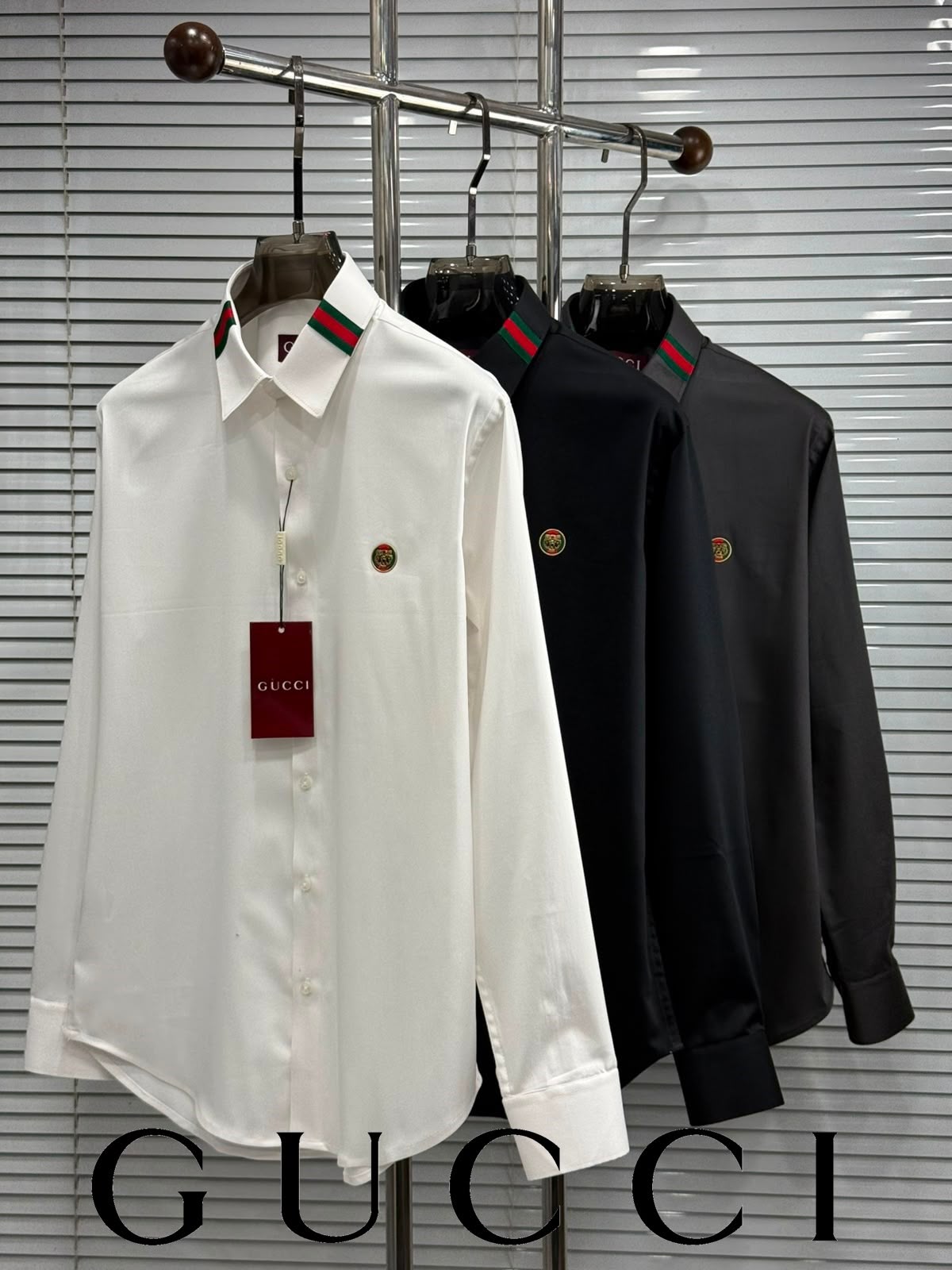 First Copy Gucci Web Stripe Collar Cotton Lycra Full Sleeves Shirt in White - Image 3