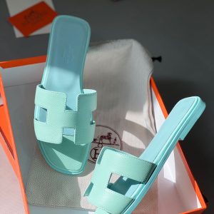 First Copy Hermès Oran Flat Slides Sandals for Women in Mint Blue