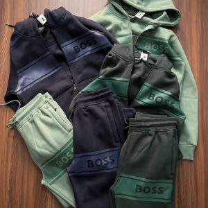First Copy Hugo Boss Flocked Striped Tracksuit Dark Bottle Green