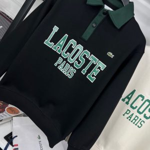 First Copy Lacoste Tipped Collar Zip Sweatshirt Black Green Front