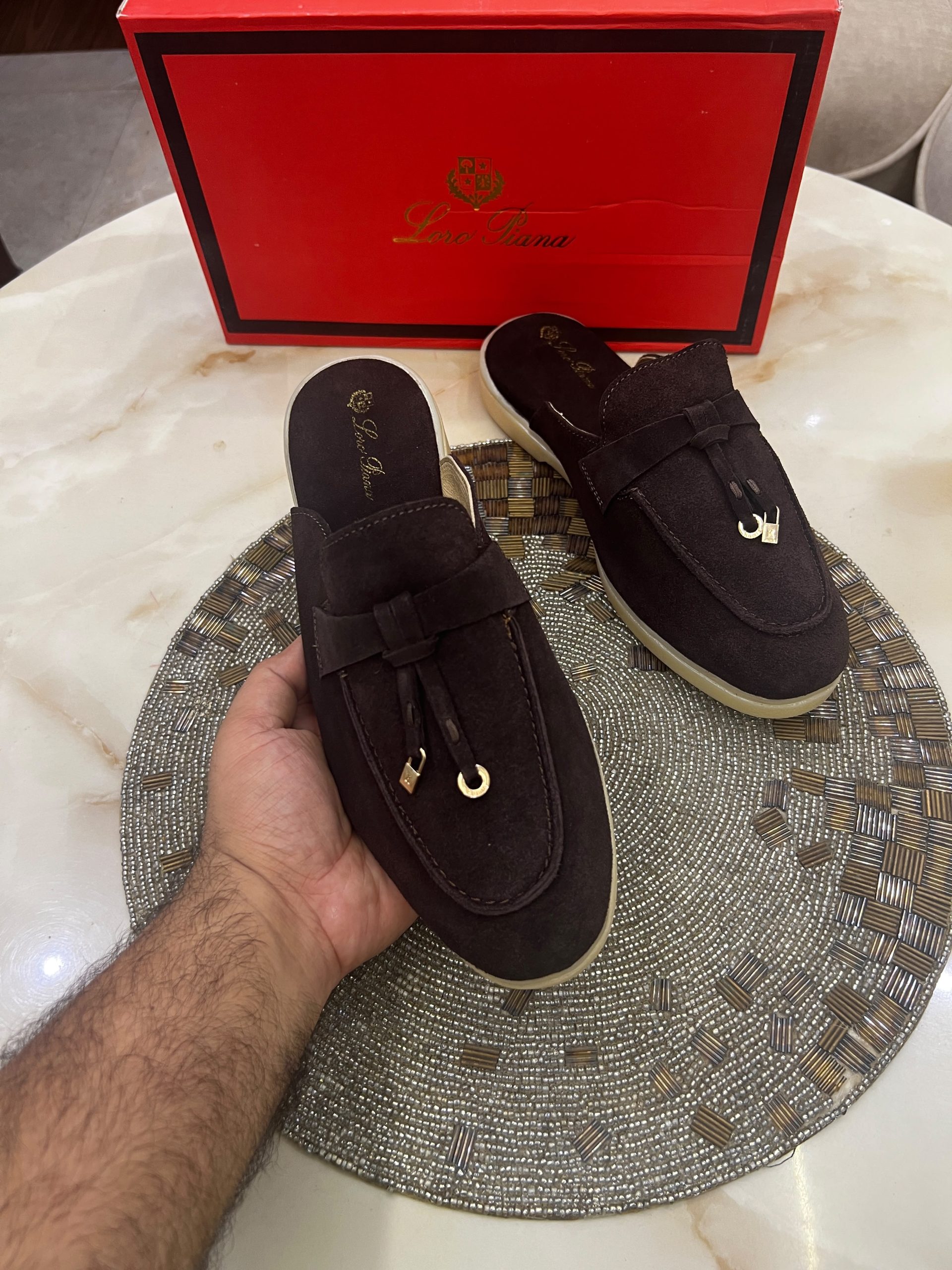 First Copy Loro Piana Summer Charms Walk Suede Mules in Sand Beige