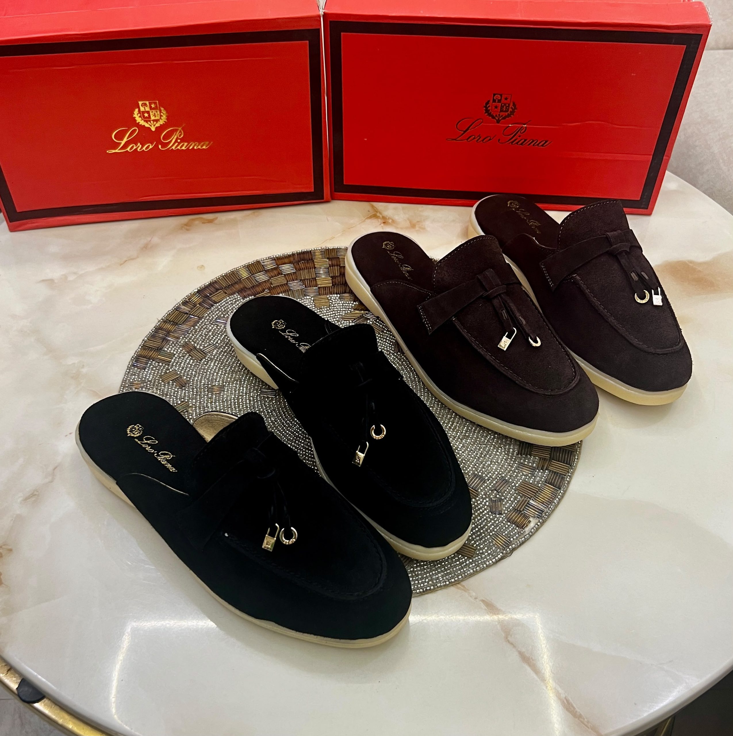 First Copy Loro Piana Summer Charms Walk Suede Mules in Sand Beige