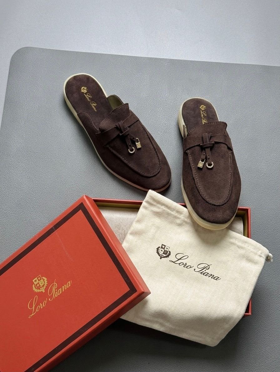 First Copy Loro Piana Summer Charms Walk Suede Mules in Chocolate Brown