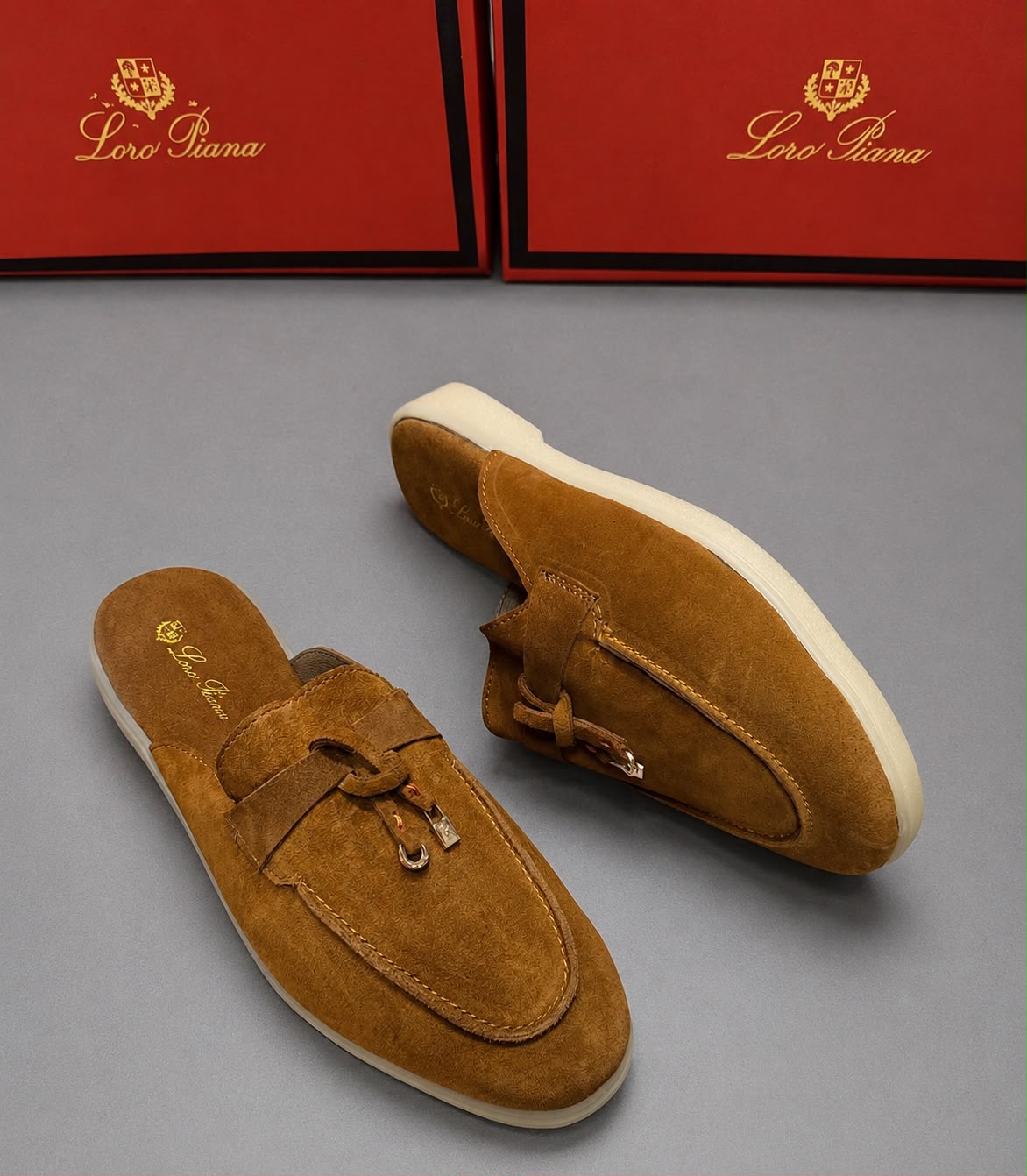 First Copy Loro Piana Summer Charms Walk Suede Mules in Sand Beige