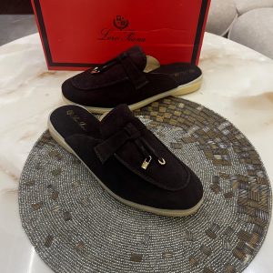 First Copy Loro Piana Summer Charms Walk Suede Mules in Chocolate Brown