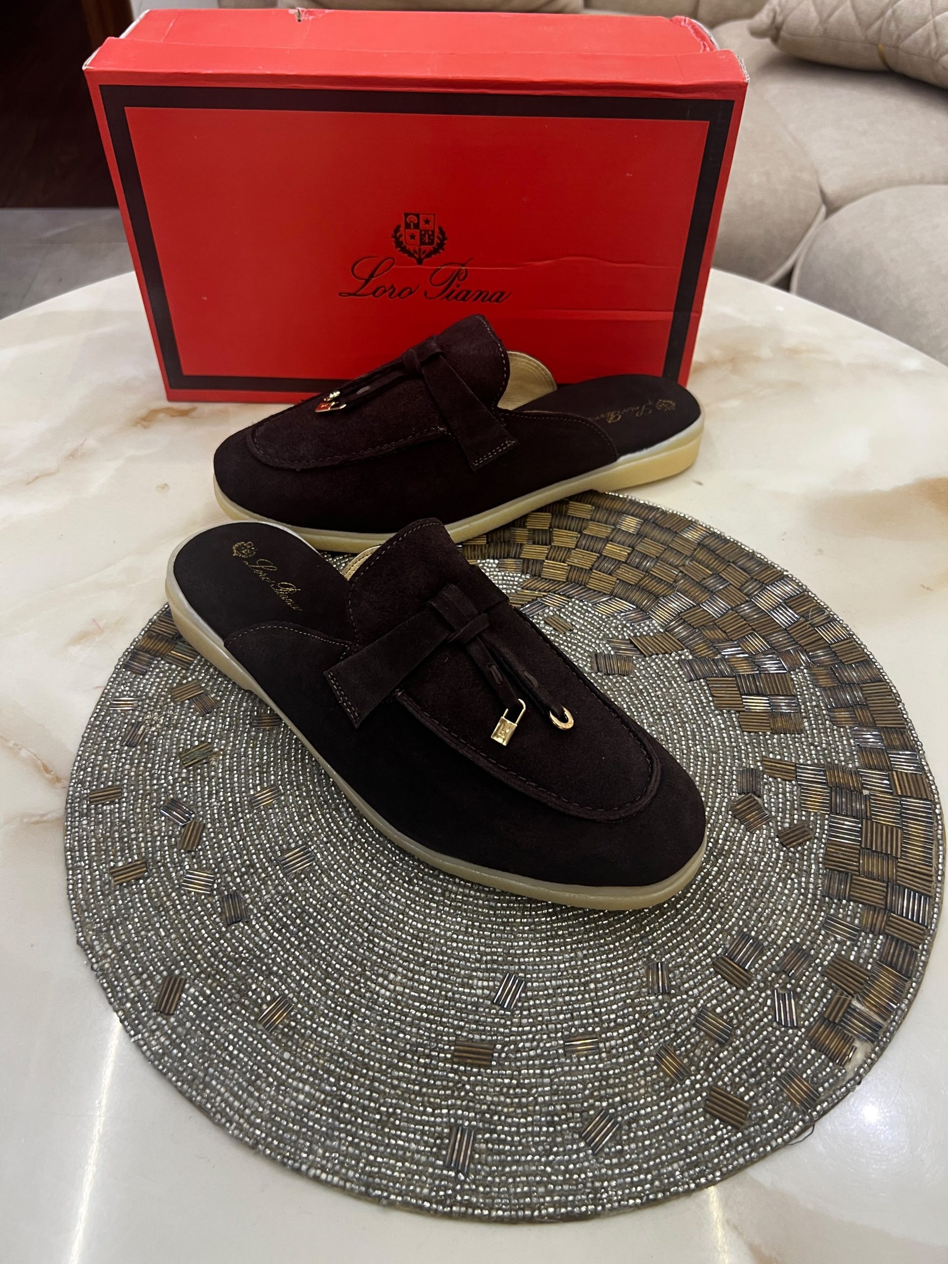 First Copy Loro Piana Summer Charms Walk Suede Mules in Chocolate Brown