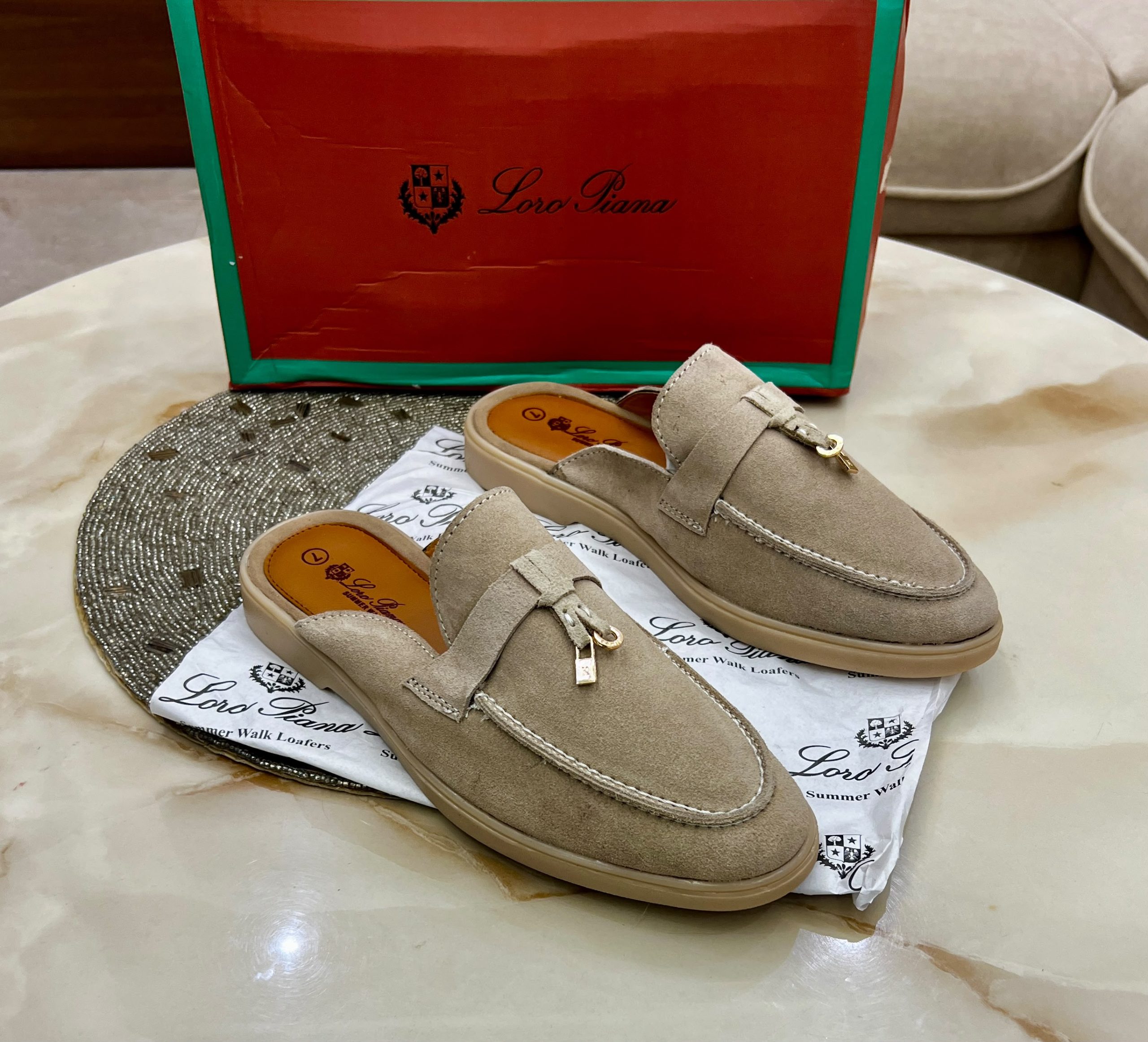 First Copy Loro Piana Summer Charms Walk Suede Mules in Sand Beige