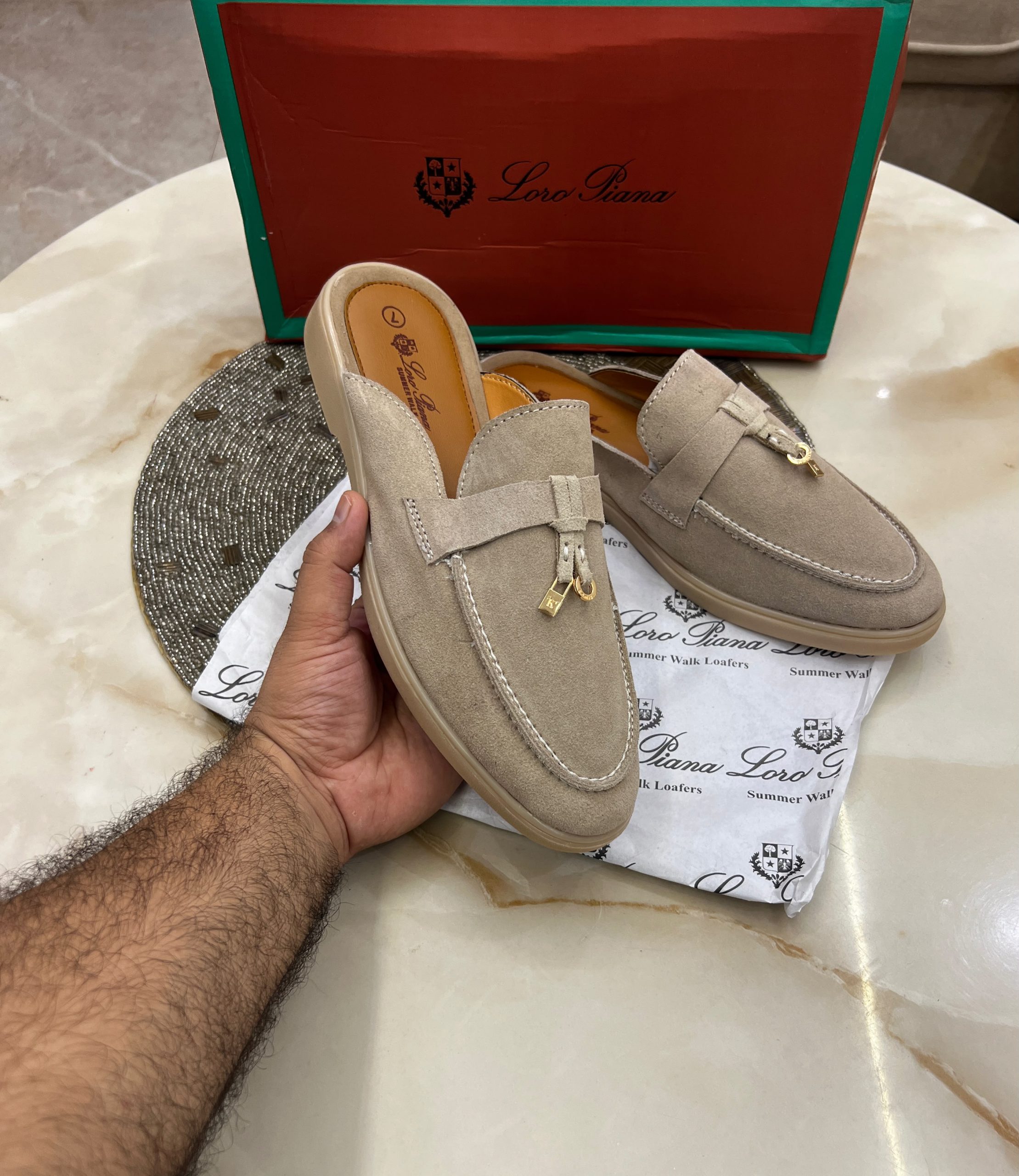 First Copy Loro Piana Summer Charms Walk Suede Mules in Sand Beige