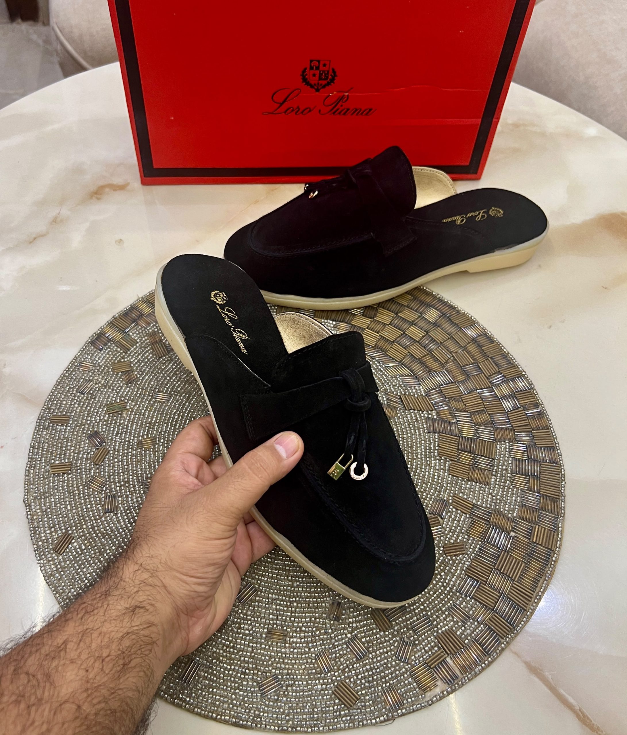 First Copy Loro Piana Summer Charms Walk Suede Mules in Chocolate Brown