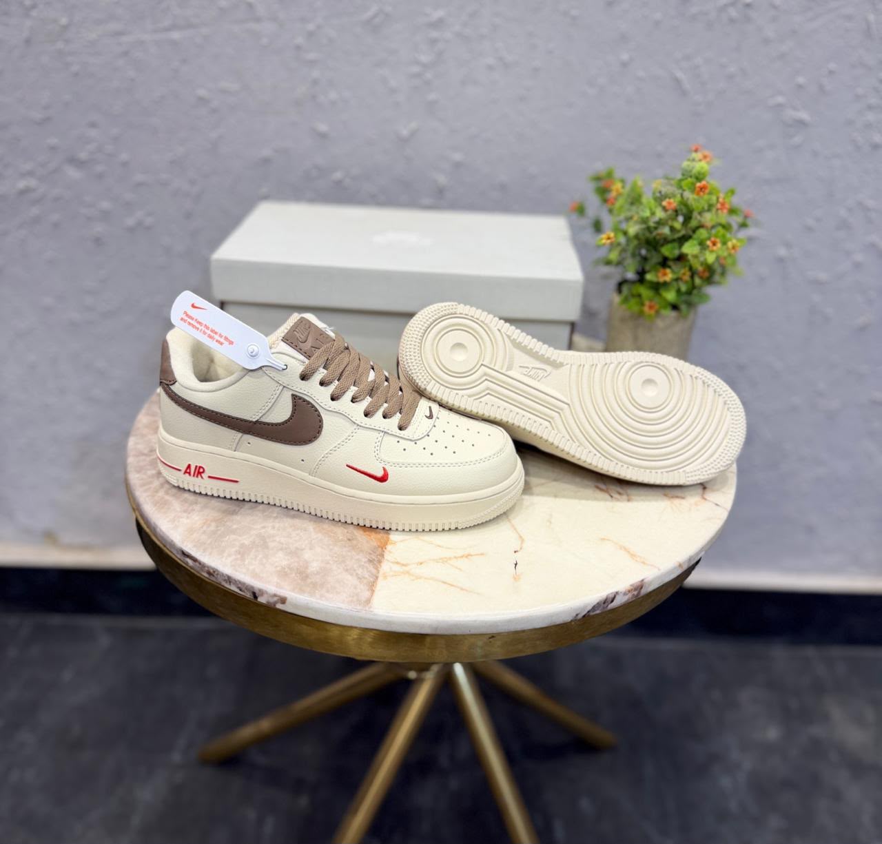First Copy Nike Air Force 1 Low Shoes in Sail with Brown Swoosh