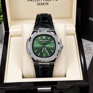First Copy Patek Philippe Nautilus 5711 Watch Silver Case Emerald Green Dial Black Leather Strap