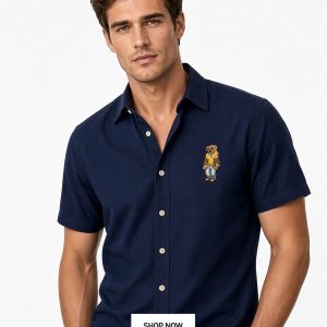 First Copy Polo Ralph Lauren Pure Linen Bear Short Sleeves Shirt in Navy Blue