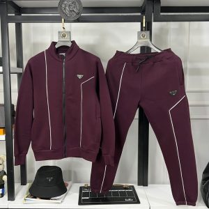 First Copy Prada Premium Full-Zip Tracksuit in Wine Maroon