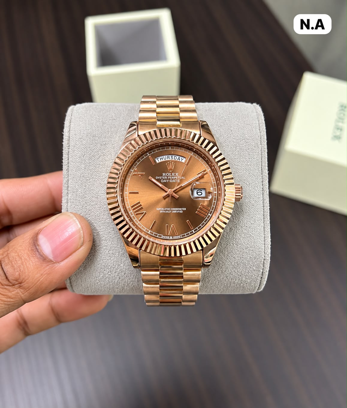 First Copy Rolex Day-Date Roman Dial Watch in Full Rose Gold Sundust
