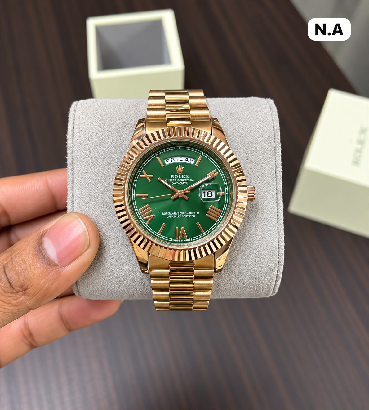 First Copy Rolex Day-Date Roman Dial Watch in Emerald Green and Gold