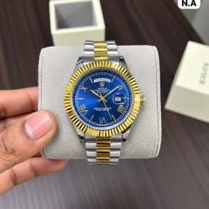 First Copy Rolex Day-Date Roman Dial Two-Tone Watch in Royal Blue and Gold