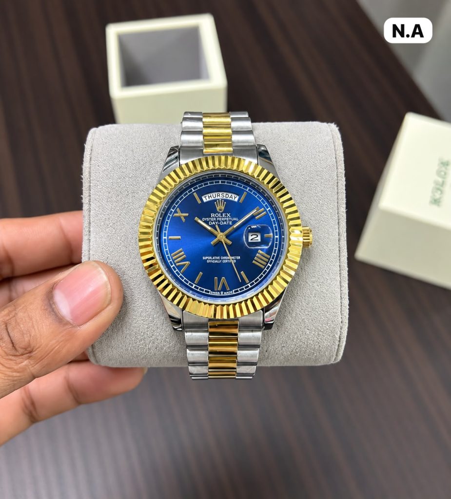 First Copy Rolex Day-Date Roman Dial Two-Tone Watch in Royal Blue and Gold