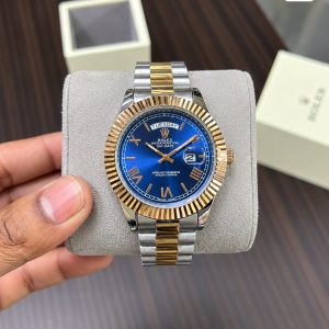 First Copy Rolex Day-Date Roman Dial Two-Tone Watch in Royal Blue and Rose Gold