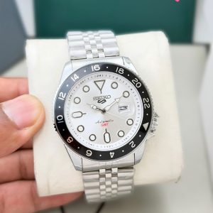 First Copy Seiko 5 GMT Quartz Watch Silver White Dial Steel Bezel