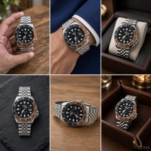 First Copy Seiko 5 Sports GMT Automatic Watch in Black Orange Bezel