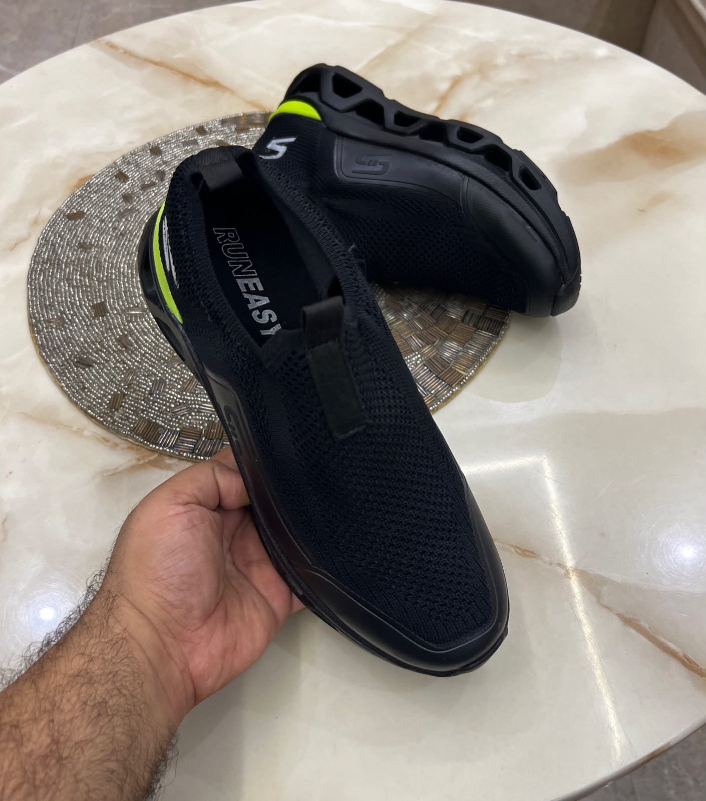 First Copy Skechers Runeasy Slip-On Running Shoes in Black Neon