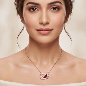 First Copy Swarovski Dazzling Swan Dancing Stone Necklace Red On Model