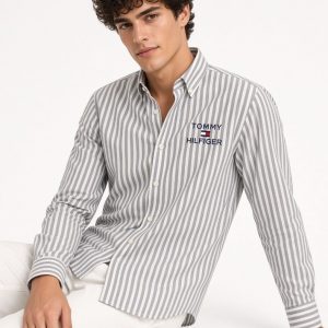 First Copy Tommy Hilfiger Premium Cotton Oxford Striped Shirt in Grey