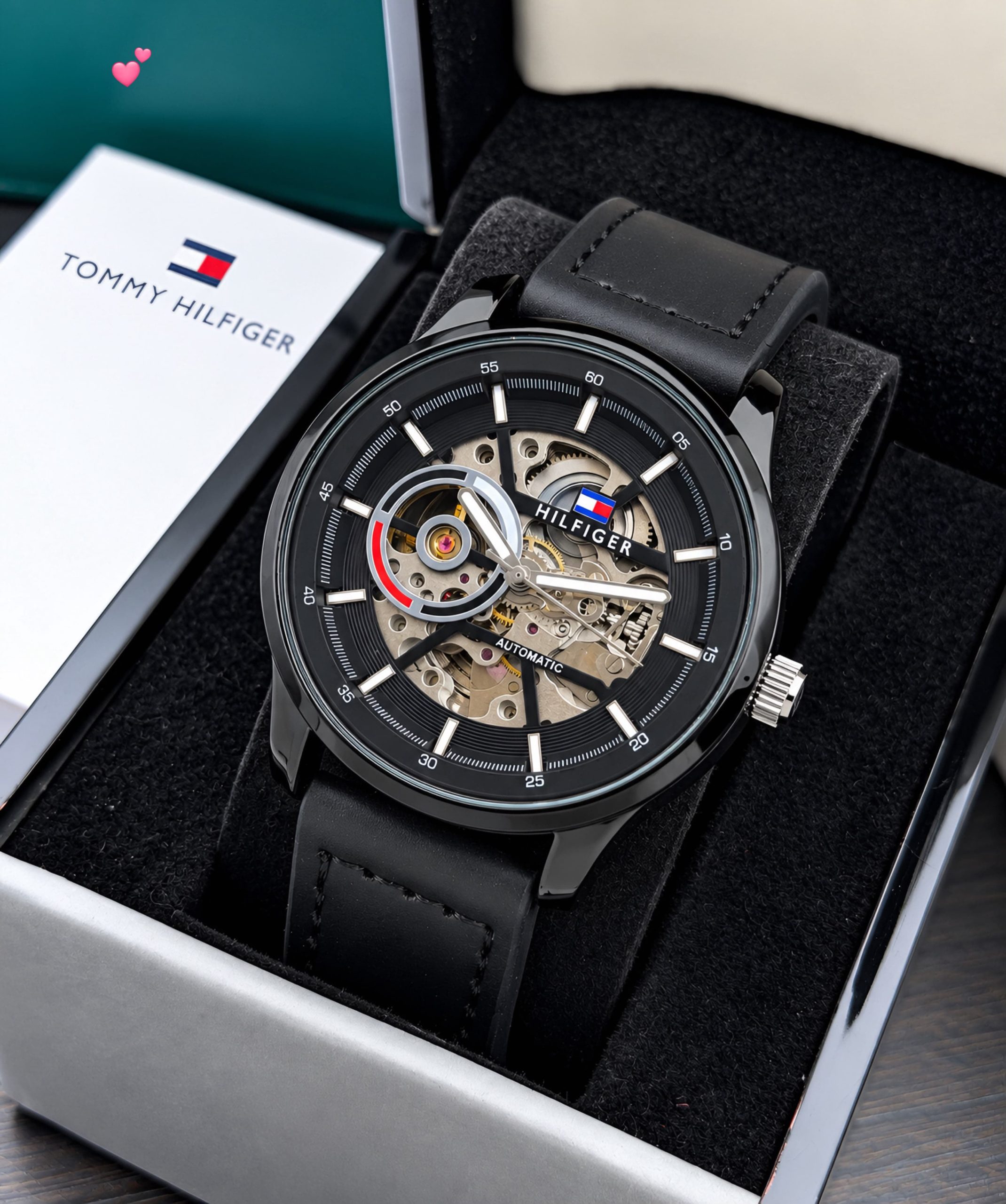 First Copy Tommy Hilfiger Skeleton Automatic Watch in Black