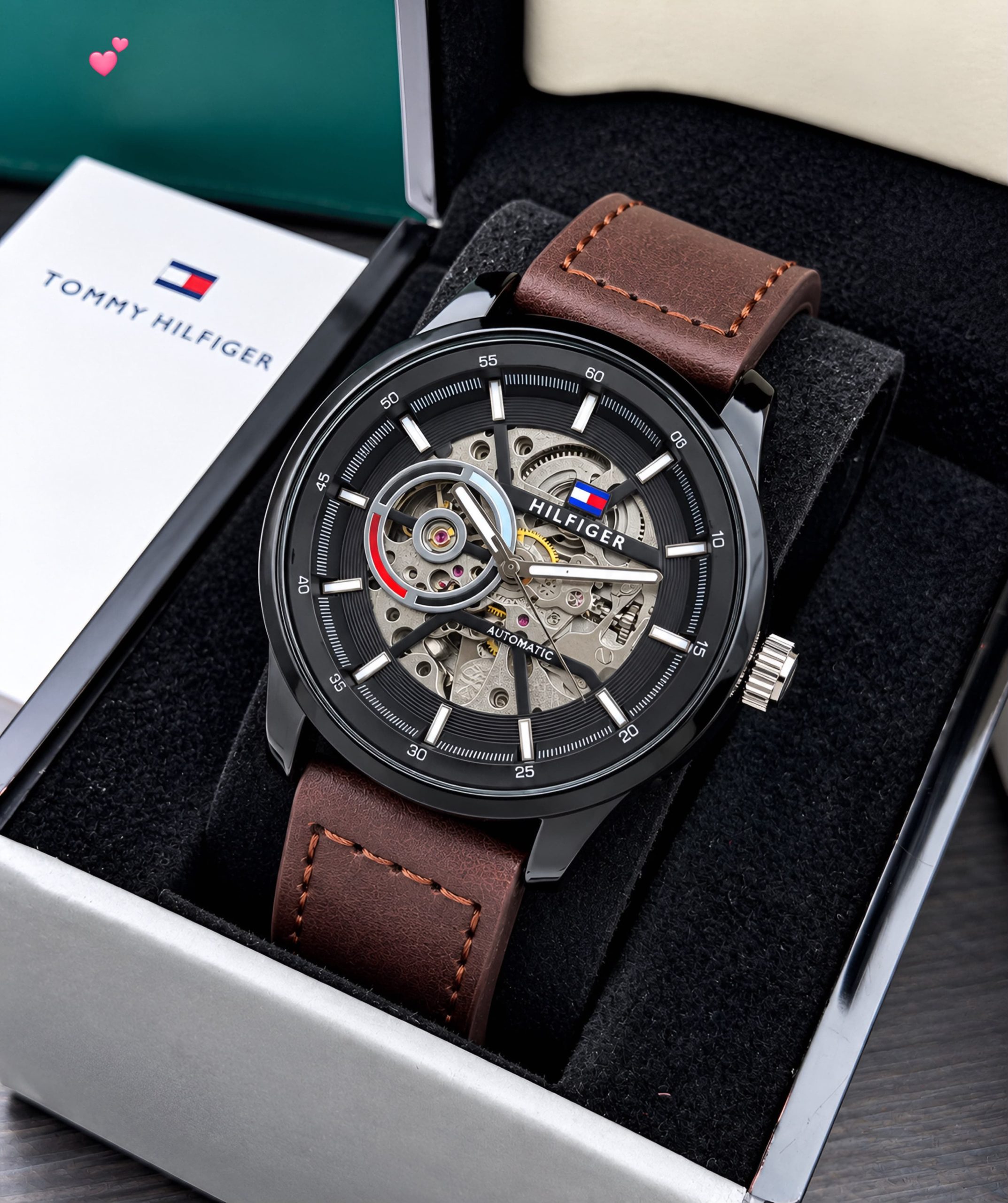 First Copy Tommy Hilfiger Skeleton Automatic Watch in Black