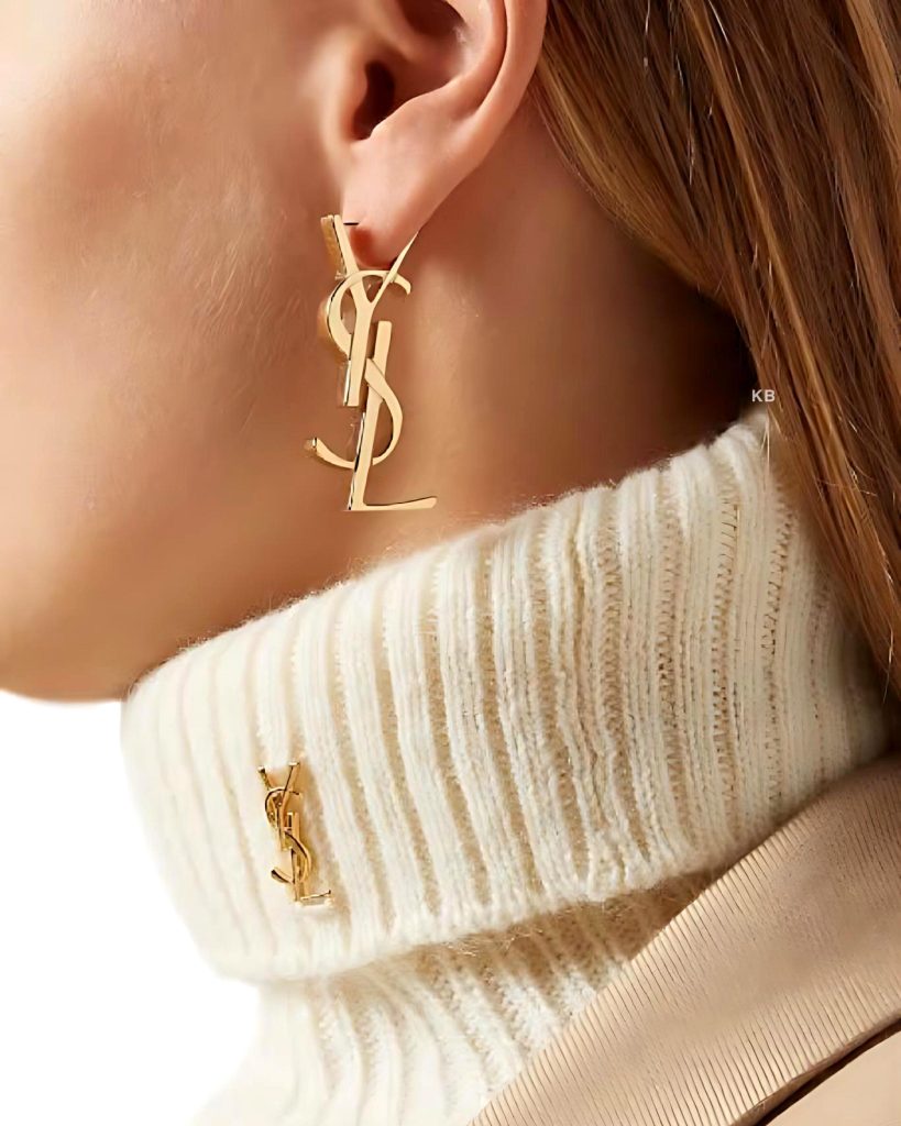 First Copy YSL Chunky Cassandre Monogram Drop Earrings Gold On Model