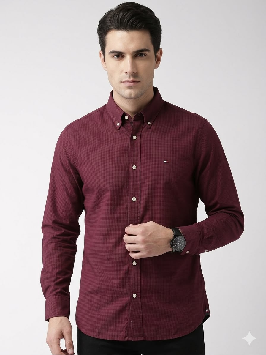 First Copy Tommy Hilfiger Shirt Burgundy Maroon Model